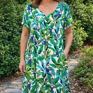Signature Collection Tropical Print V-neck Midi Dress Size Large